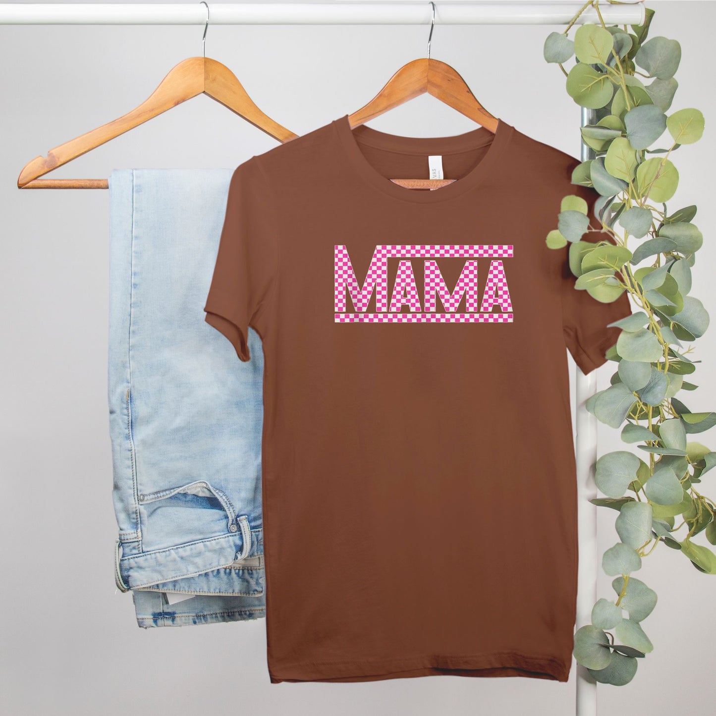 Pink Checkered Mama Bella Canvas Tee