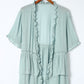 Green Ruffled Trim Half Sleeve Open Front Kimono