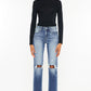 High Rise Hem Detail Slim Straight Jeans