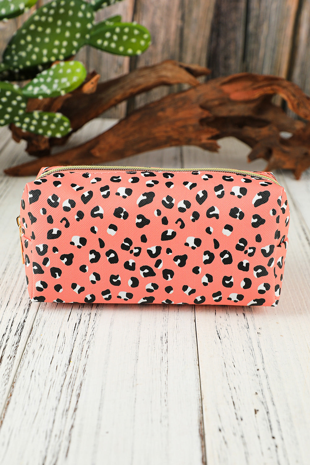 Pink Leopard Print Zipped Cuboid Cosmetic Bag 19*8*9cm