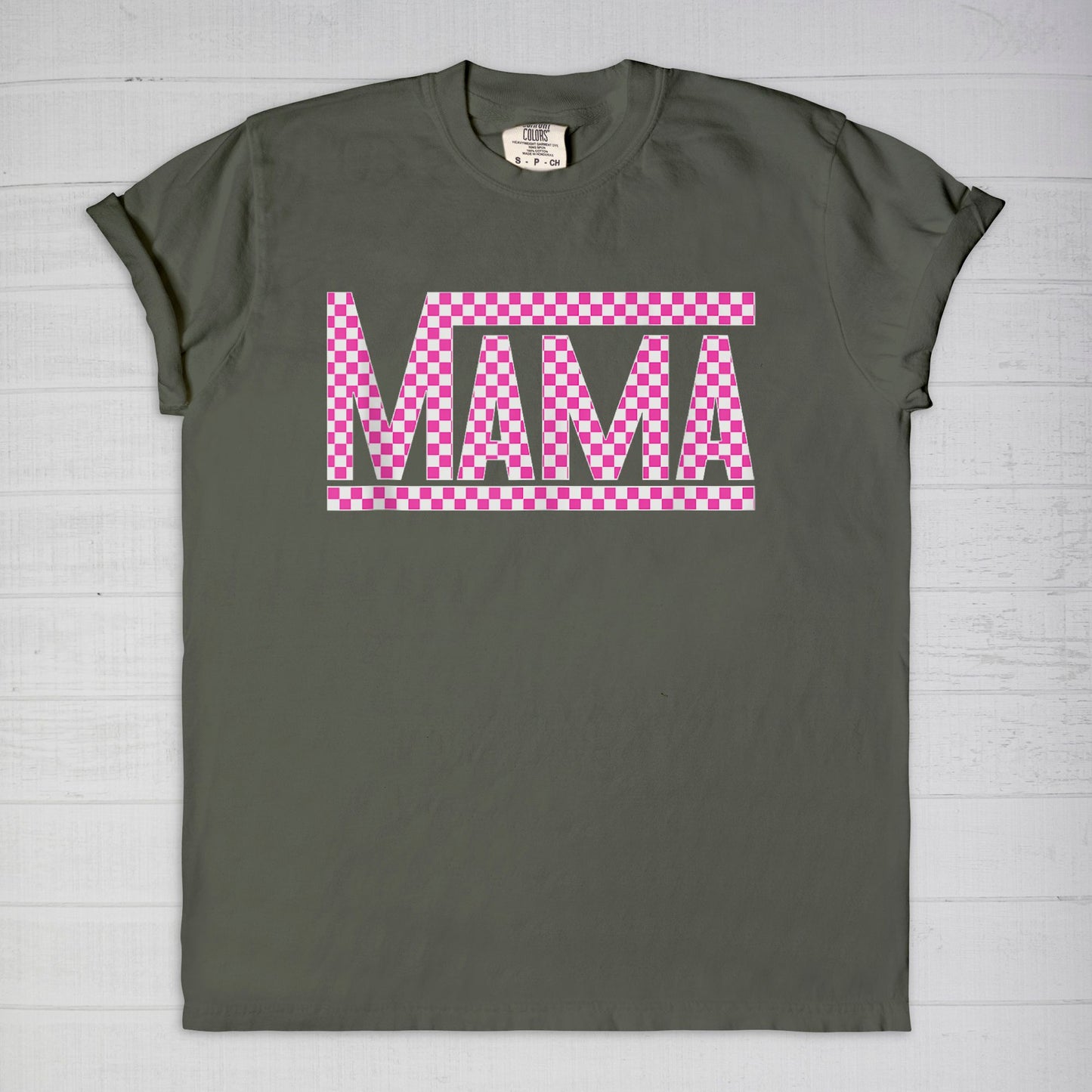 Pink Checkered Mama Comfort Color Tee