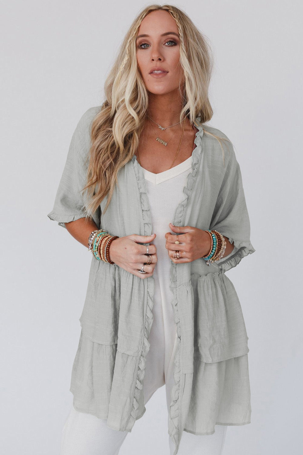 Green Ruffled Trim Half Sleeve Open Front Kimono