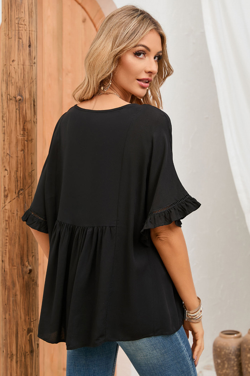 Apricot Ruffled Lace Detail Loose V Neck Top