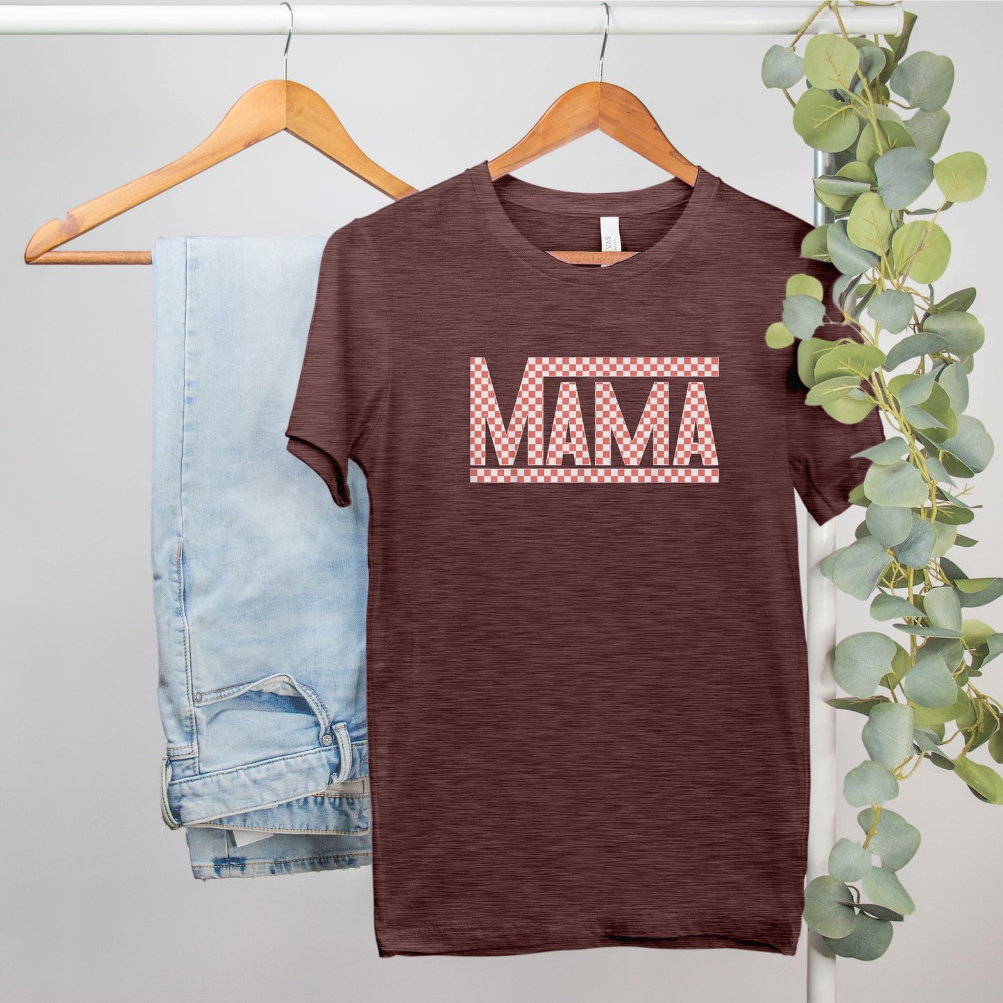 Coral Checkered Mama Heather Bella Canvas Tee