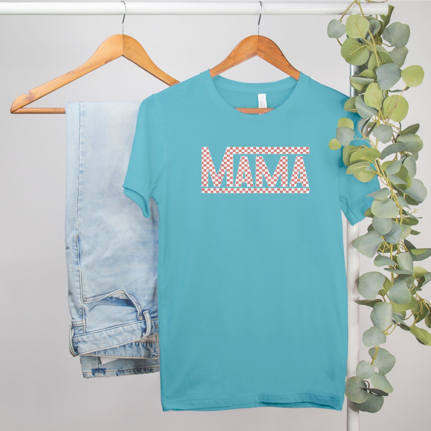 Coral Checkered Mama Bella Canvas Tee