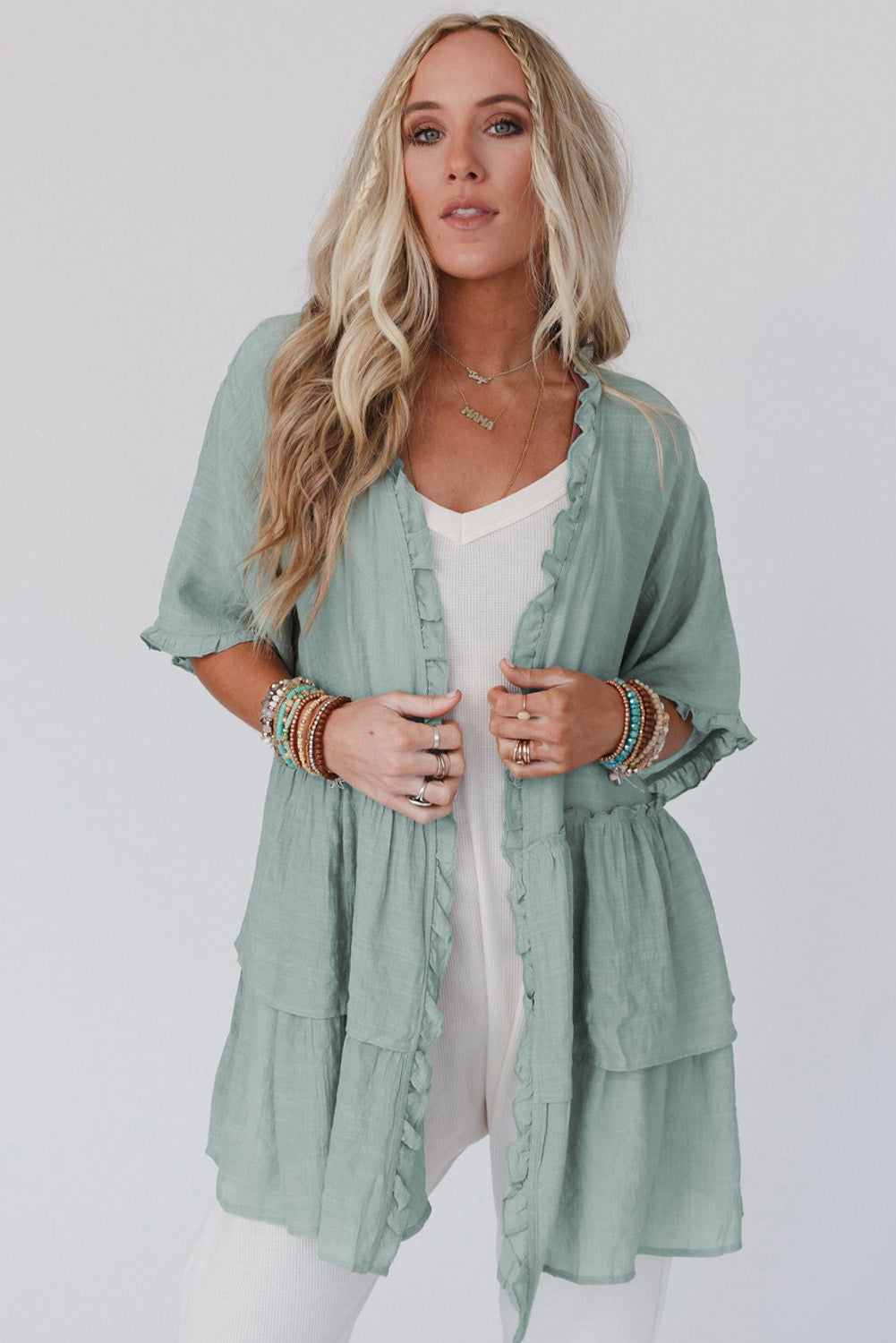 Green Ruffled Trim Half Sleeve Open Front Kimono