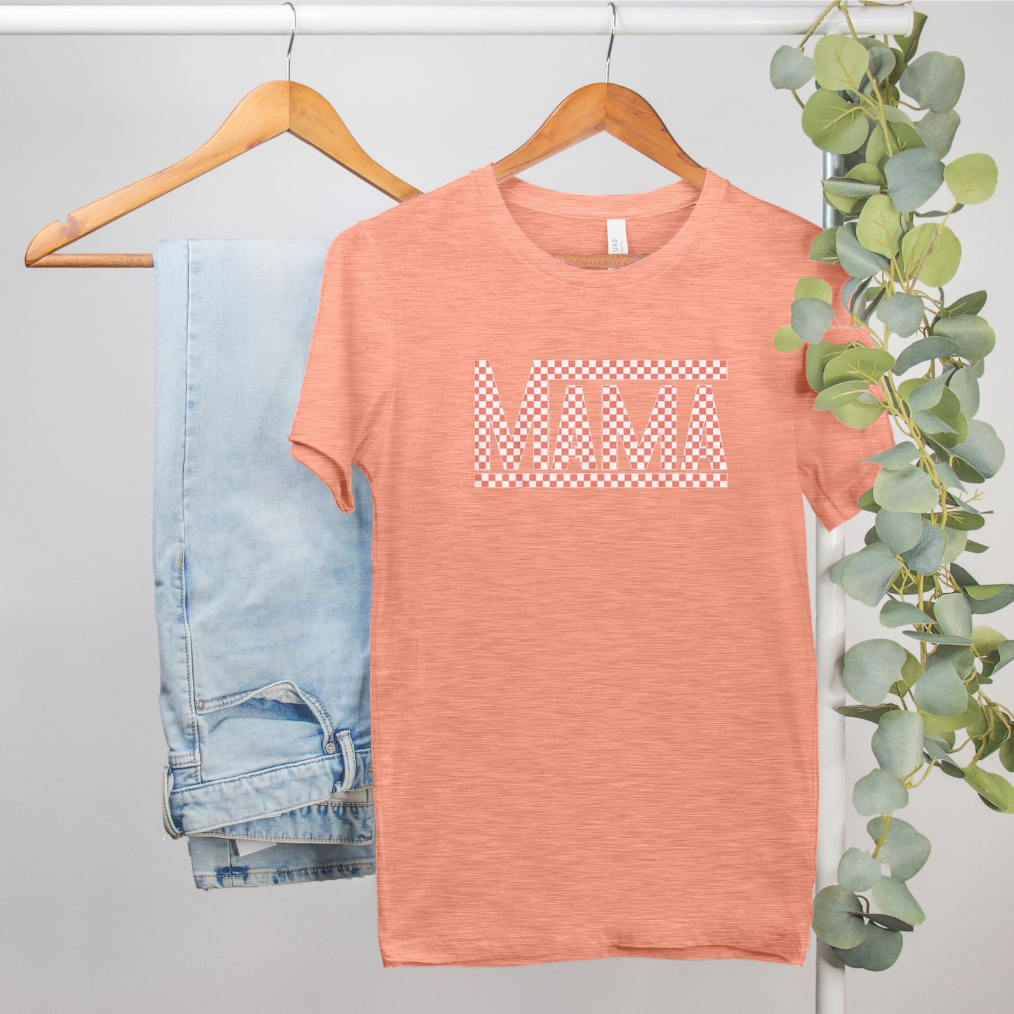 Coral Checkered Mama •PLUS SIZE• Heather Bella Canvas Tee