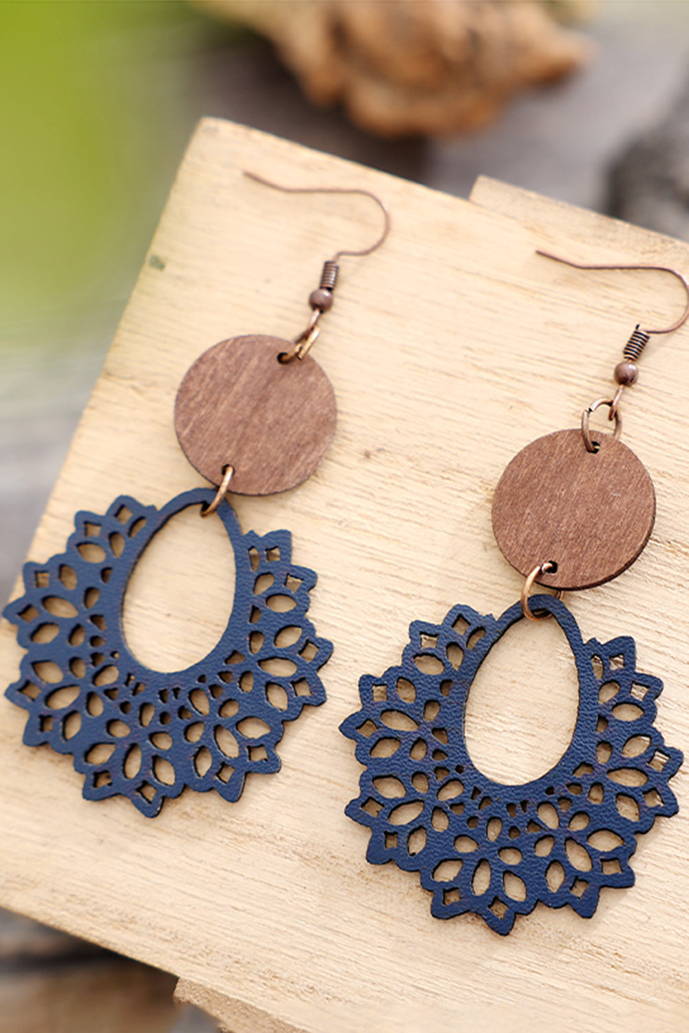 White Hollowed Flower Round Wood Pendant Earrings