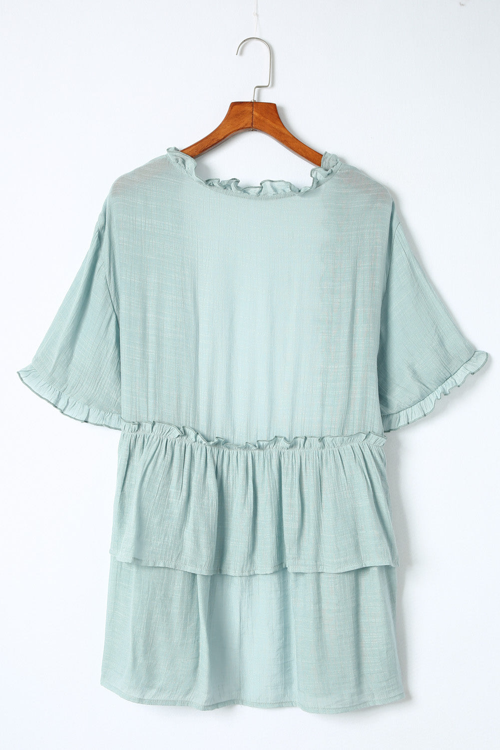 Green Ruffled Trim Half Sleeve Open Front Kimono