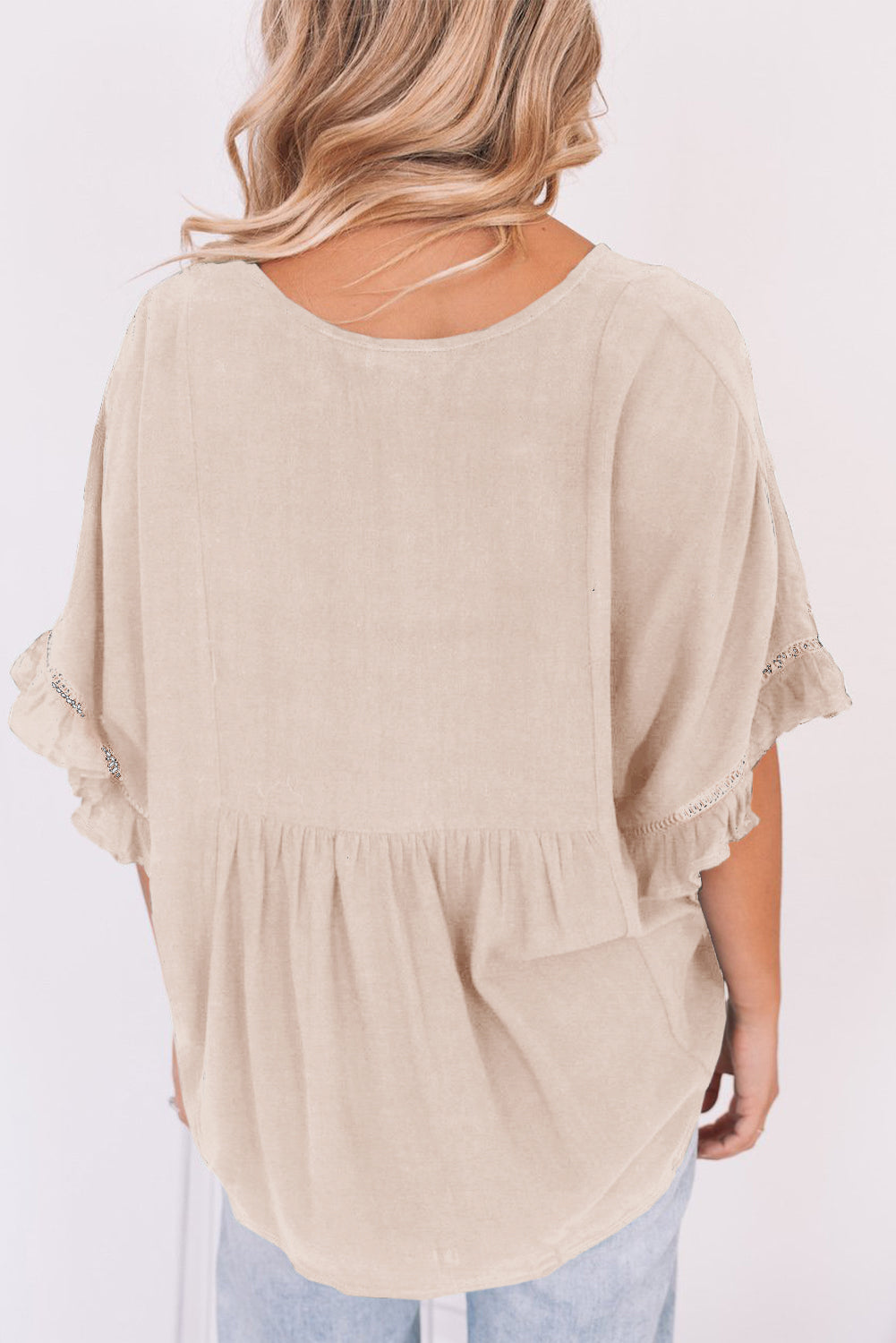 Apricot Ruffled Lace Detail Loose V Neck Top