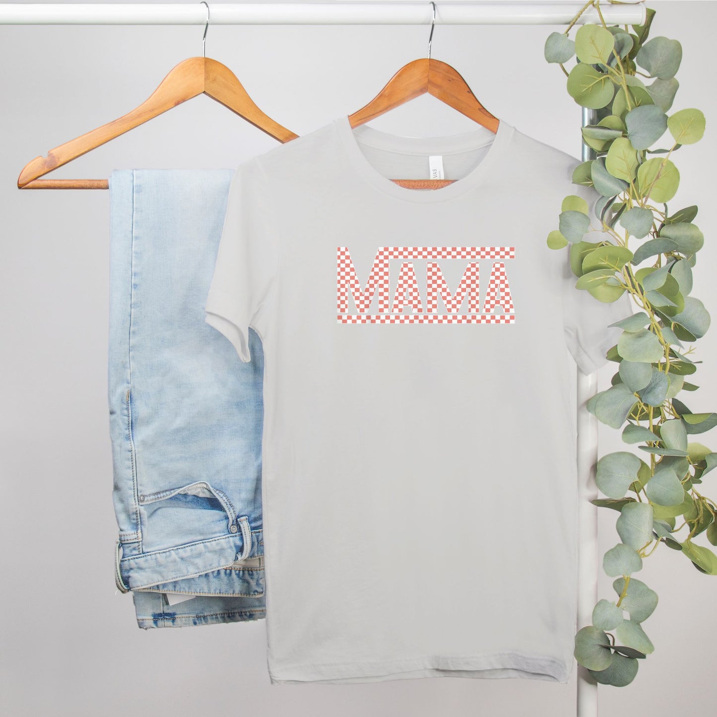 Coral Checkered Mama •PLUS SIZE• Bella Canvas Tee