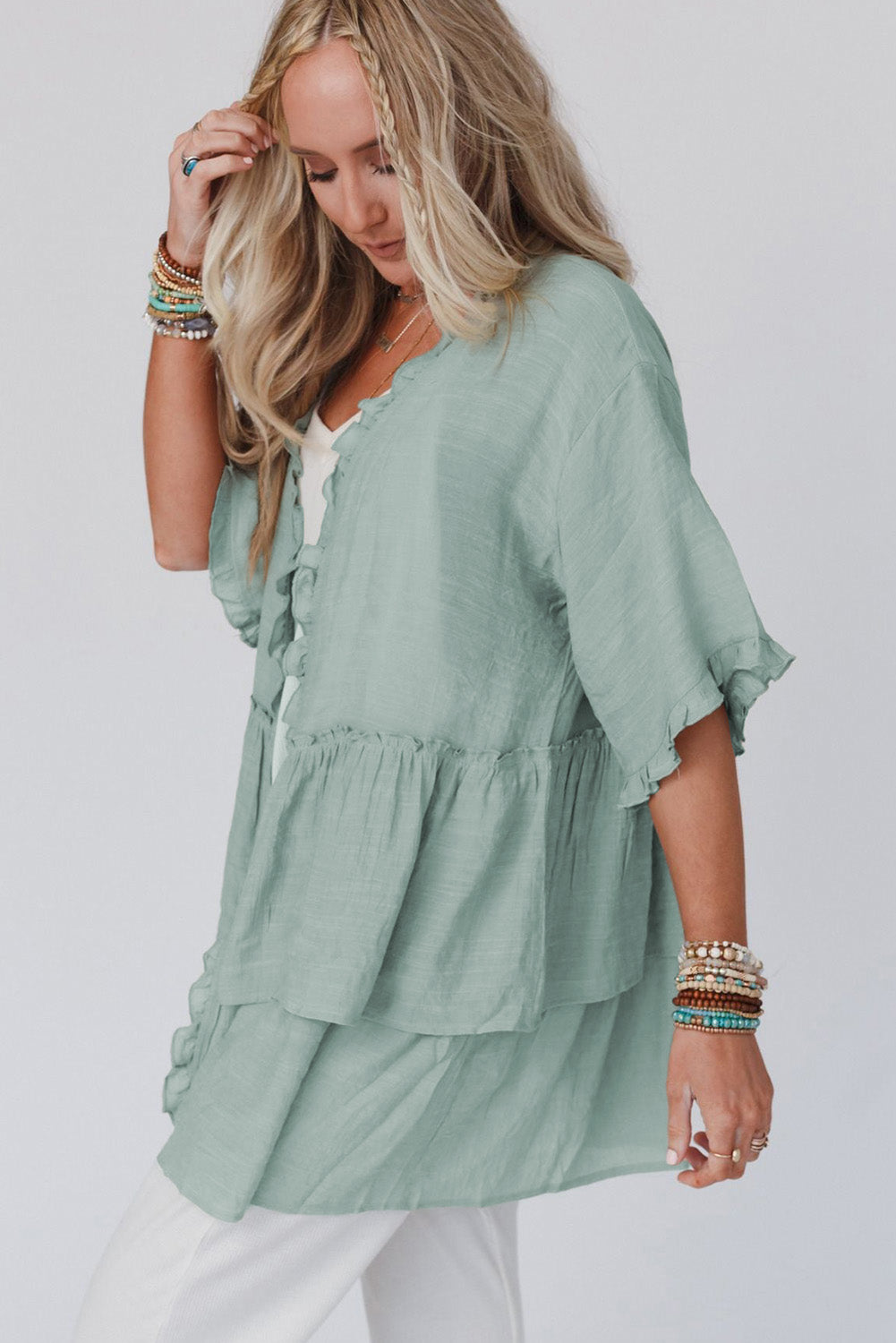 Green Ruffled Trim Half Sleeve Open Front Kimono