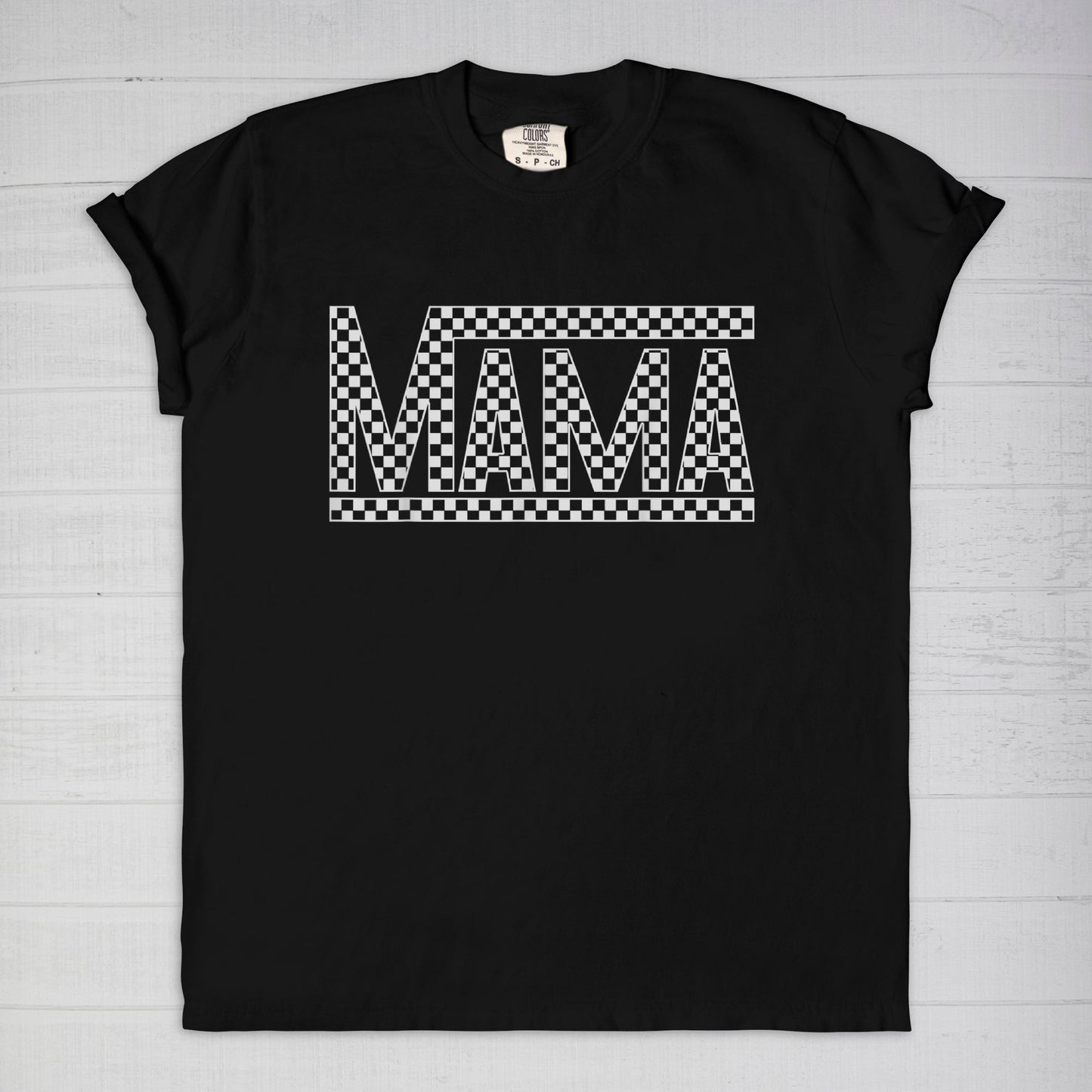 White Checkered Mama Comfort Color Tee