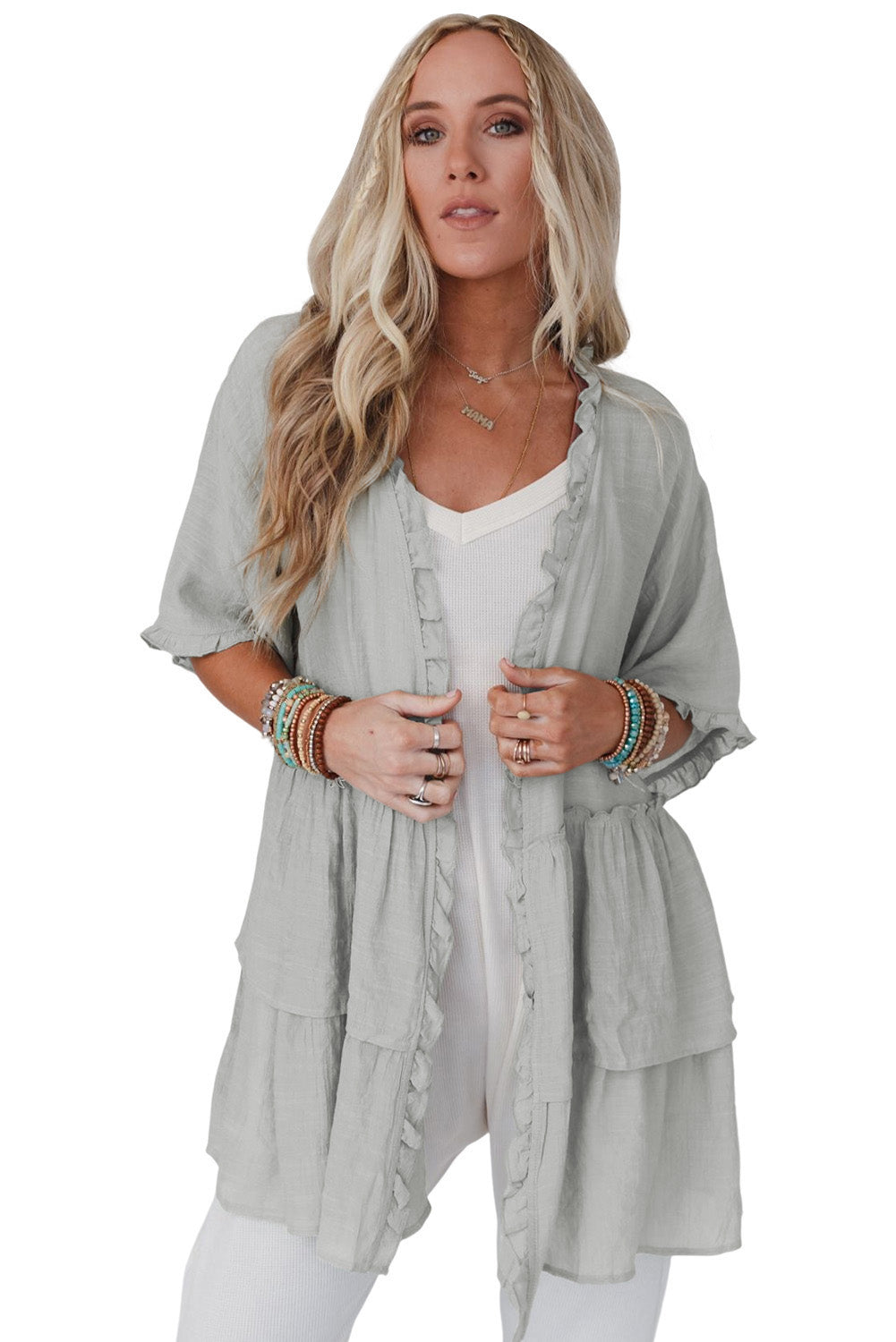 Green Ruffled Trim Half Sleeve Open Front Kimono