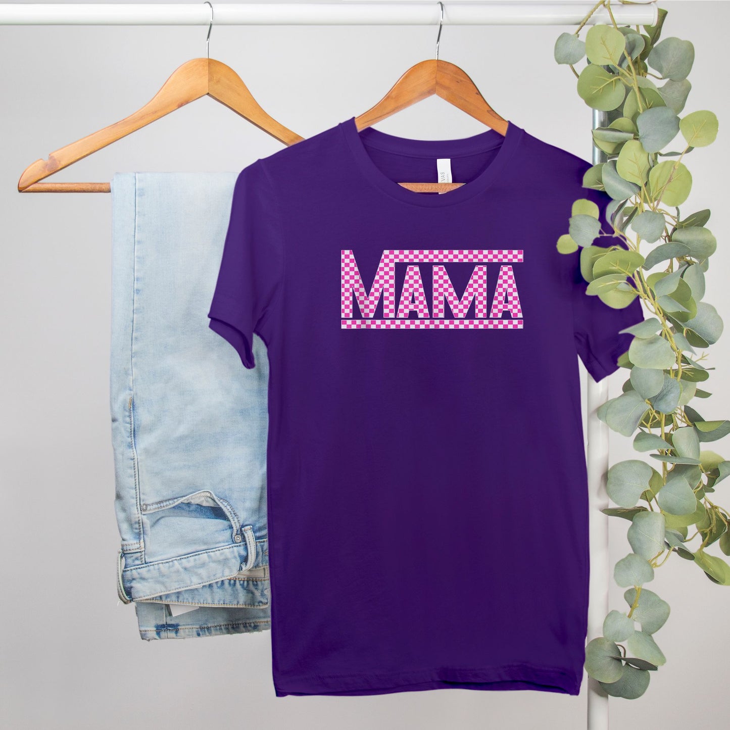 Pink Checkered Mama Bella Canvas Tee