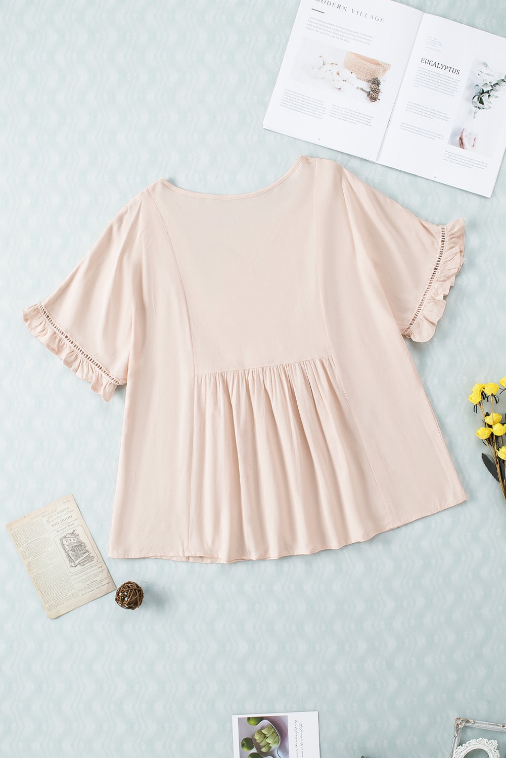 Apricot Ruffled Lace Detail Loose V Neck Top