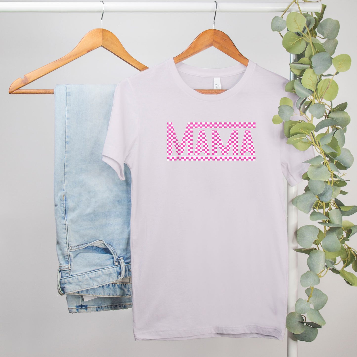 Pink Checkered Mama Bella Canvas Tee