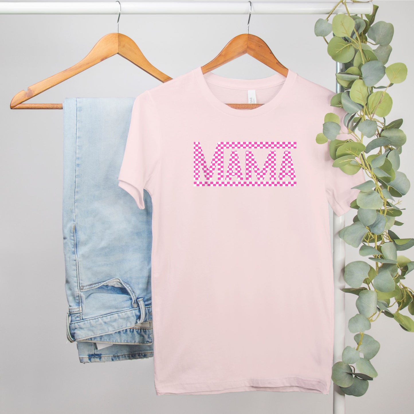 Pink Checkered Mama Bella Canvas Tee