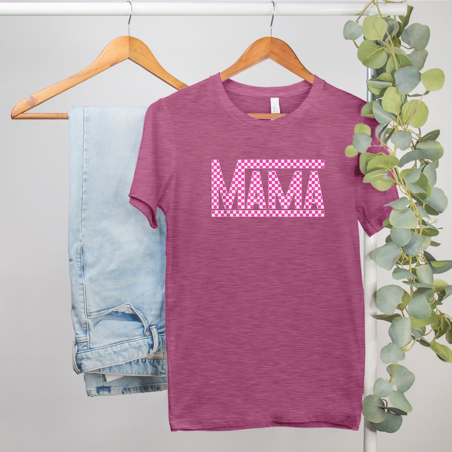 Pink Checkered Mama •PLUS SIZE• Heather Bella Canvas Tee