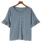 Gray Ruffled Half Sleeve Buttoned Loose T Shirt