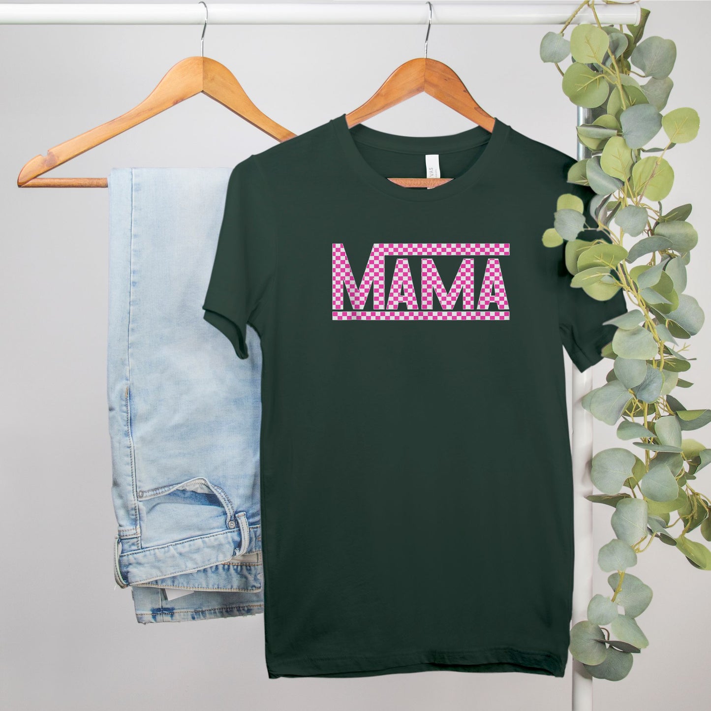 Pink Checkered Mama Bella Canvas Tee