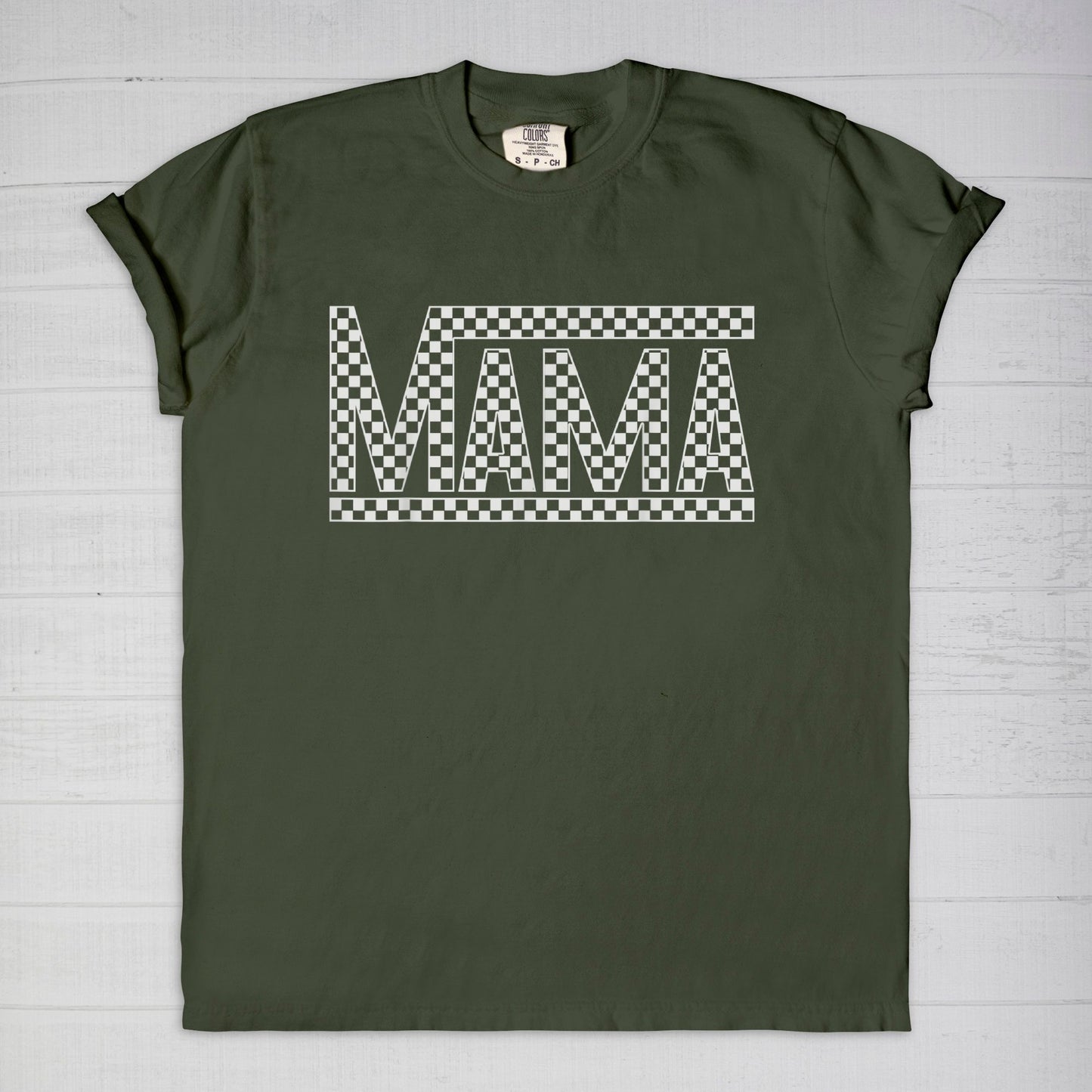 White Checkered Mama Comfort Color Tee