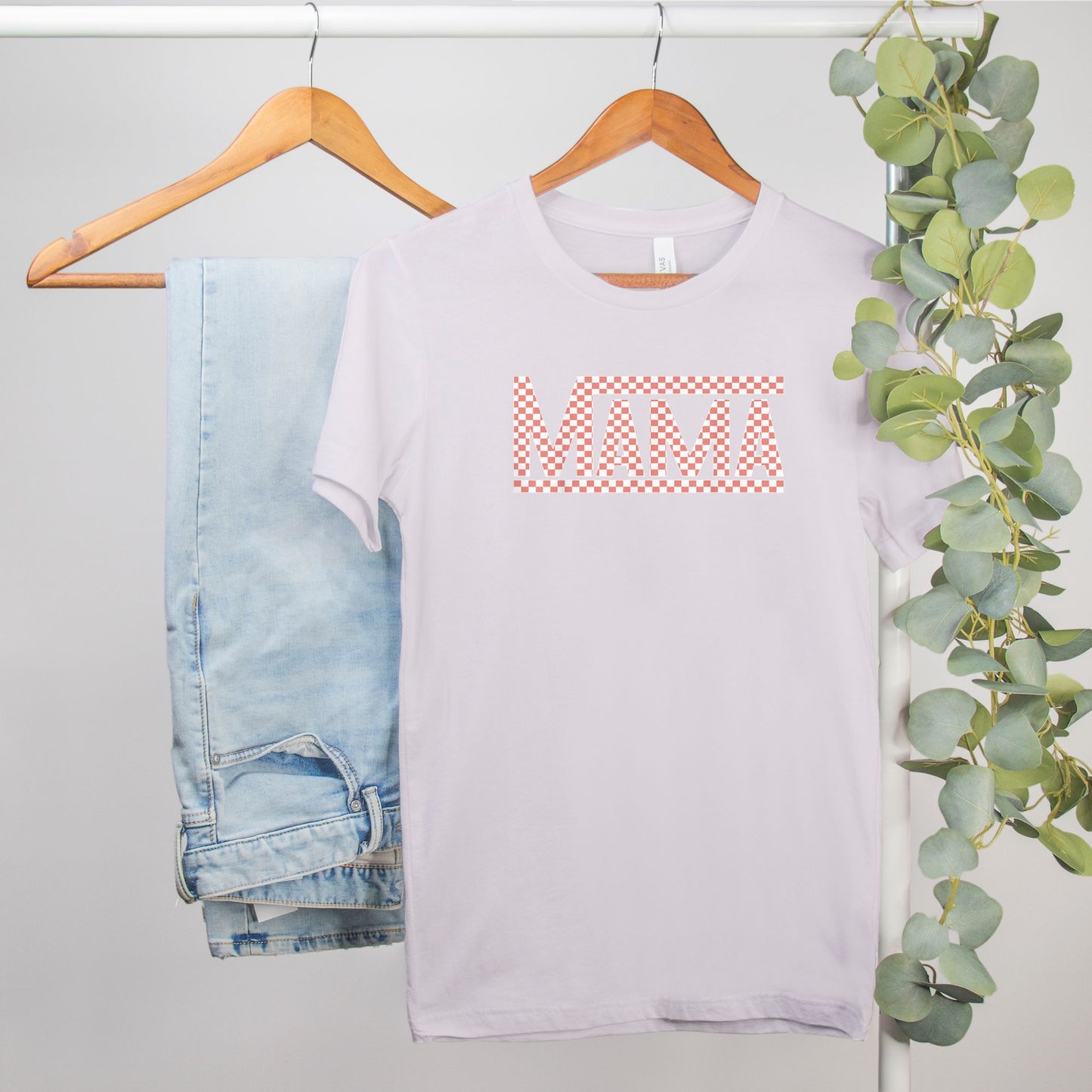 Coral Checkered Mama •PLUS SIZE• Bella Canvas Tee