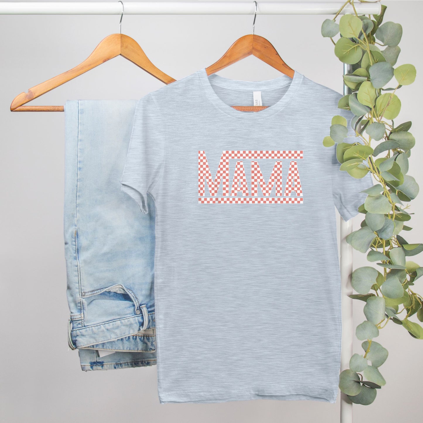 Coral Checkered Mama Heather Bella Canvas Tee