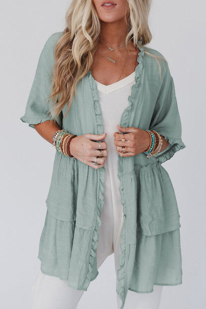 Green Ruffled Trim Half Sleeve Open Front Kimono