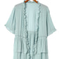 Green Ruffled Trim Half Sleeve Open Front Kimono