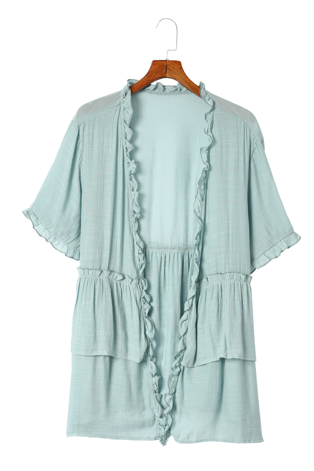 Green Ruffled Trim Half Sleeve Open Front Kimono