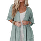 Green Ruffled Trim Half Sleeve Open Front Kimono