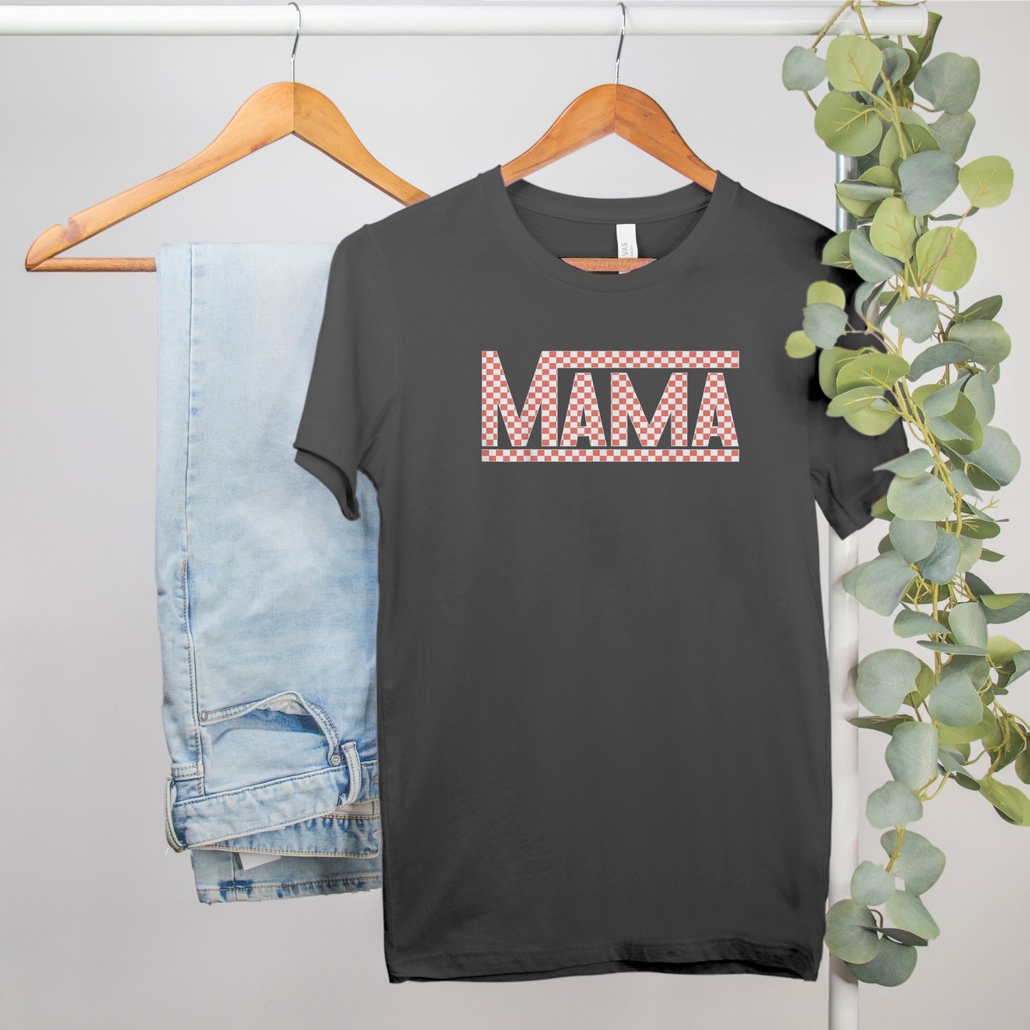 Coral Checkered Mama Bella Canvas Tee