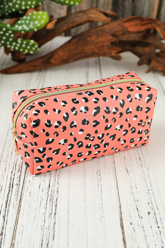 Pink Leopard Print Zipped Cuboid Cosmetic Bag 19*8*9cm