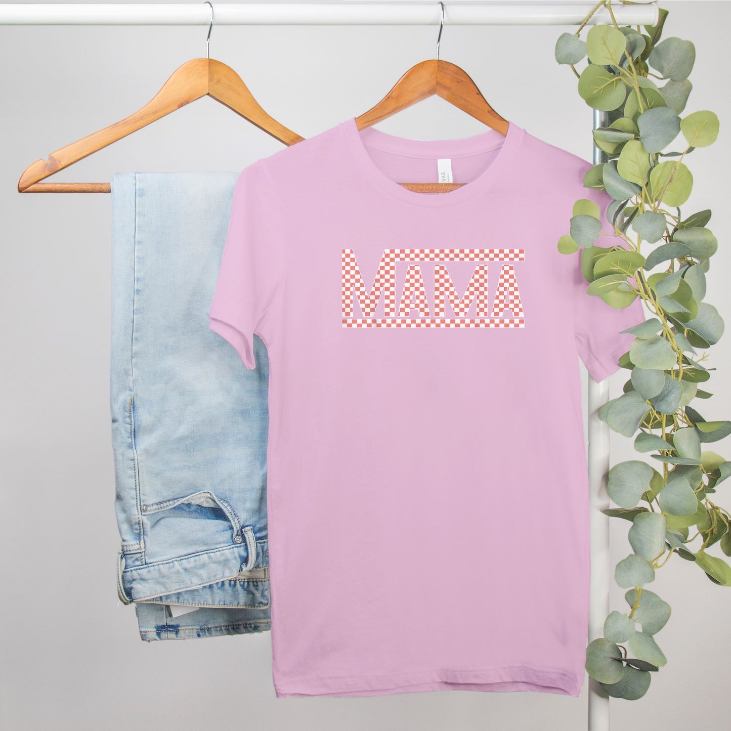 Coral Checkered Mama Bella Canvas Tee