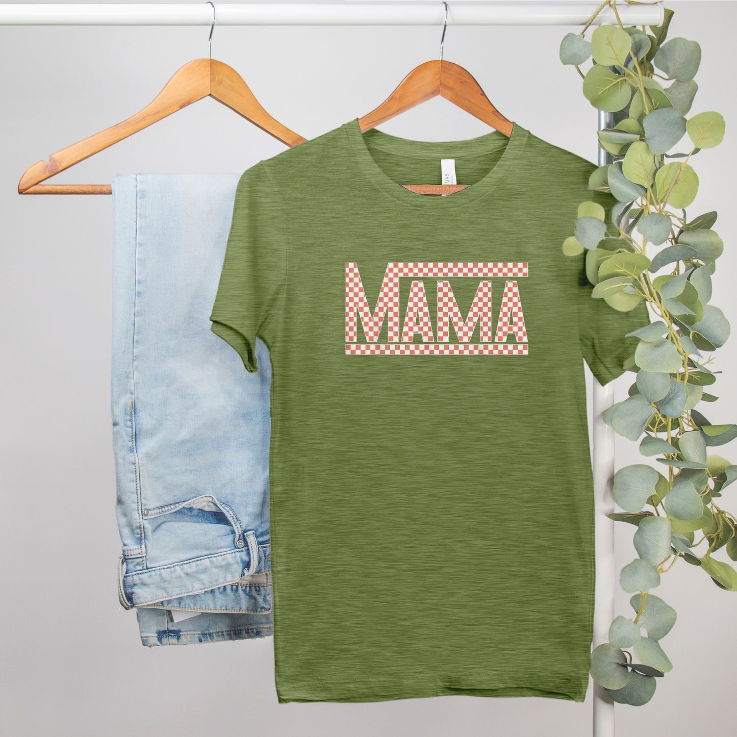 Coral Checkered Mama Heather Bella Canvas Tee