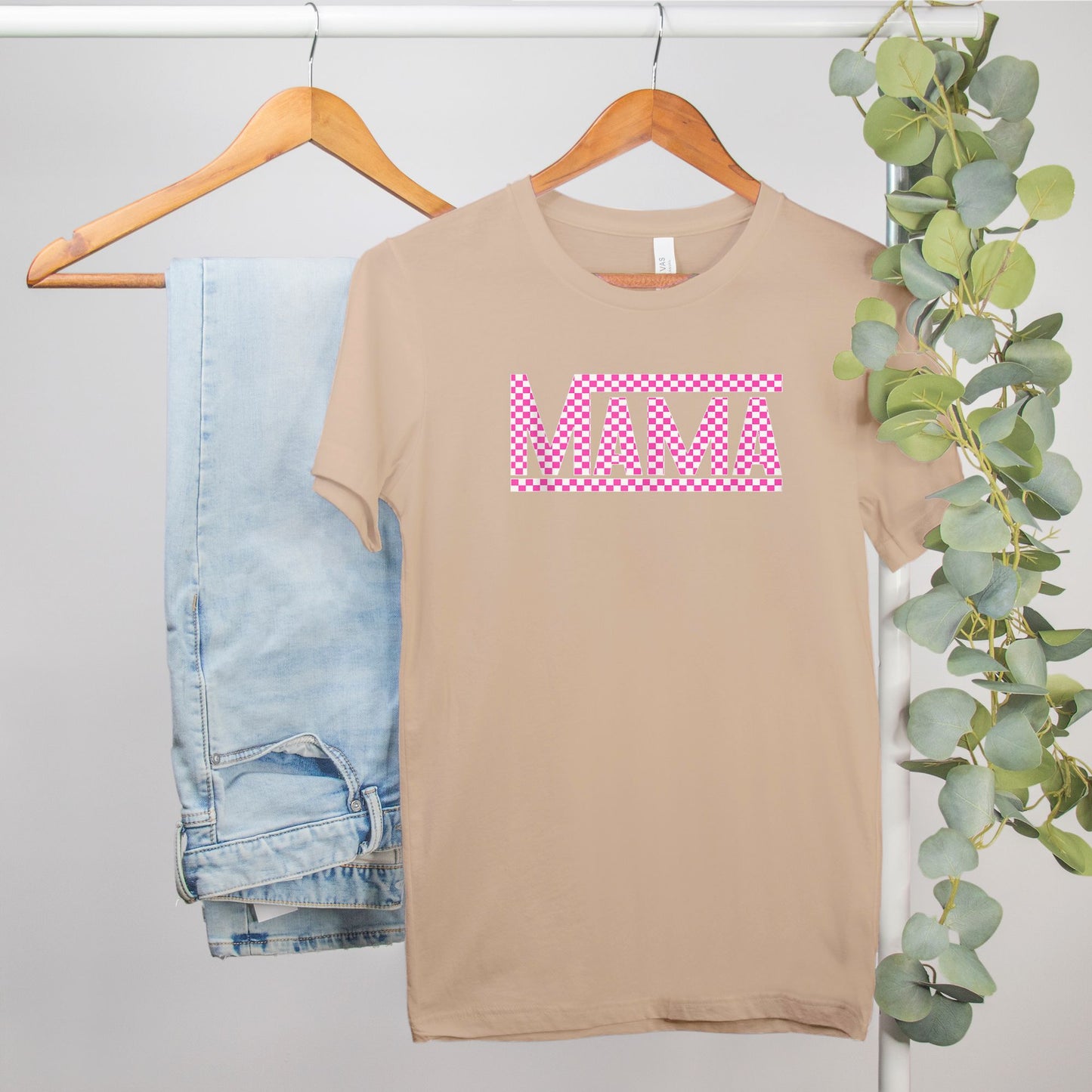 Pink Checkered Mama Bella Canvas Tee