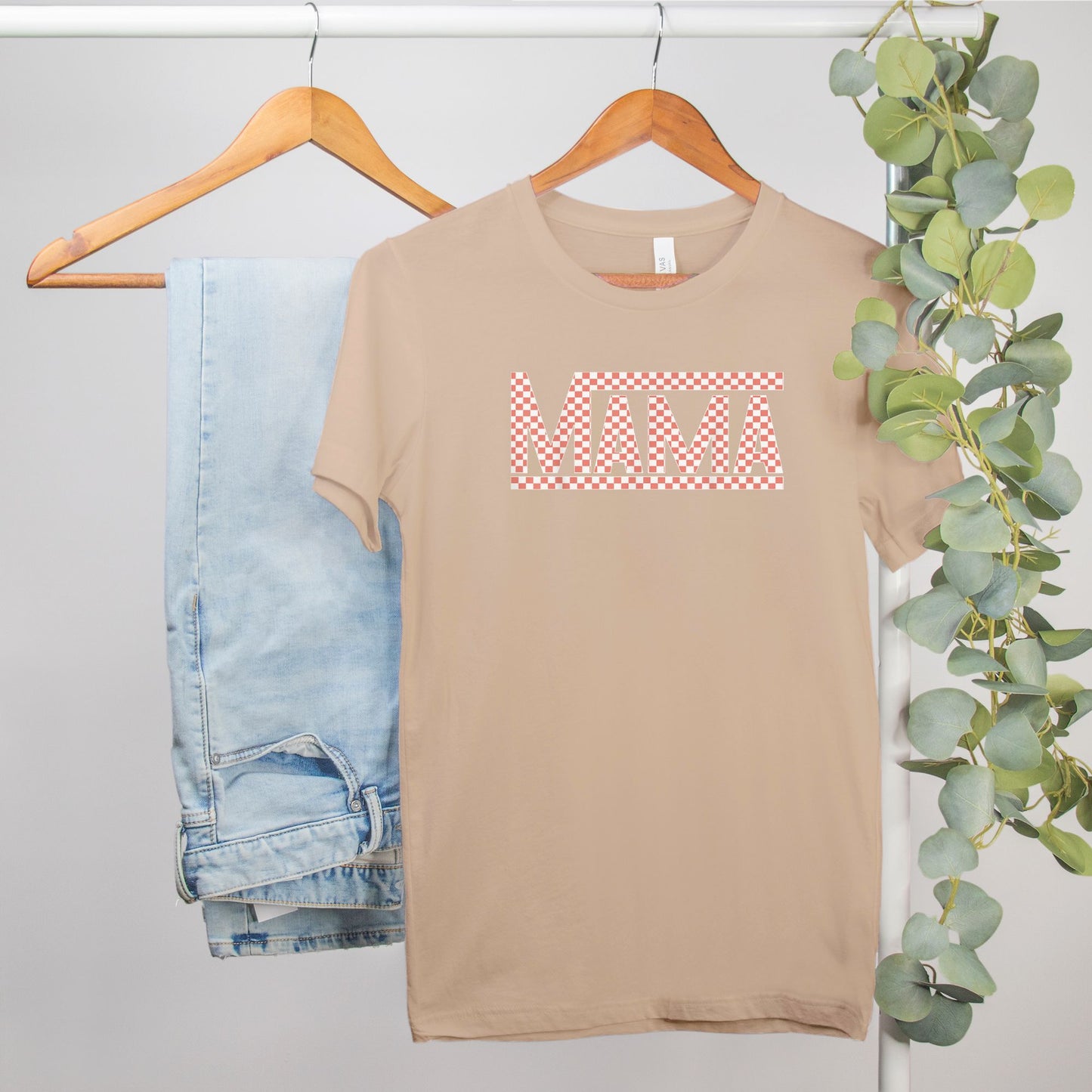 Coral Checkered Mama Bella Canvas Tee