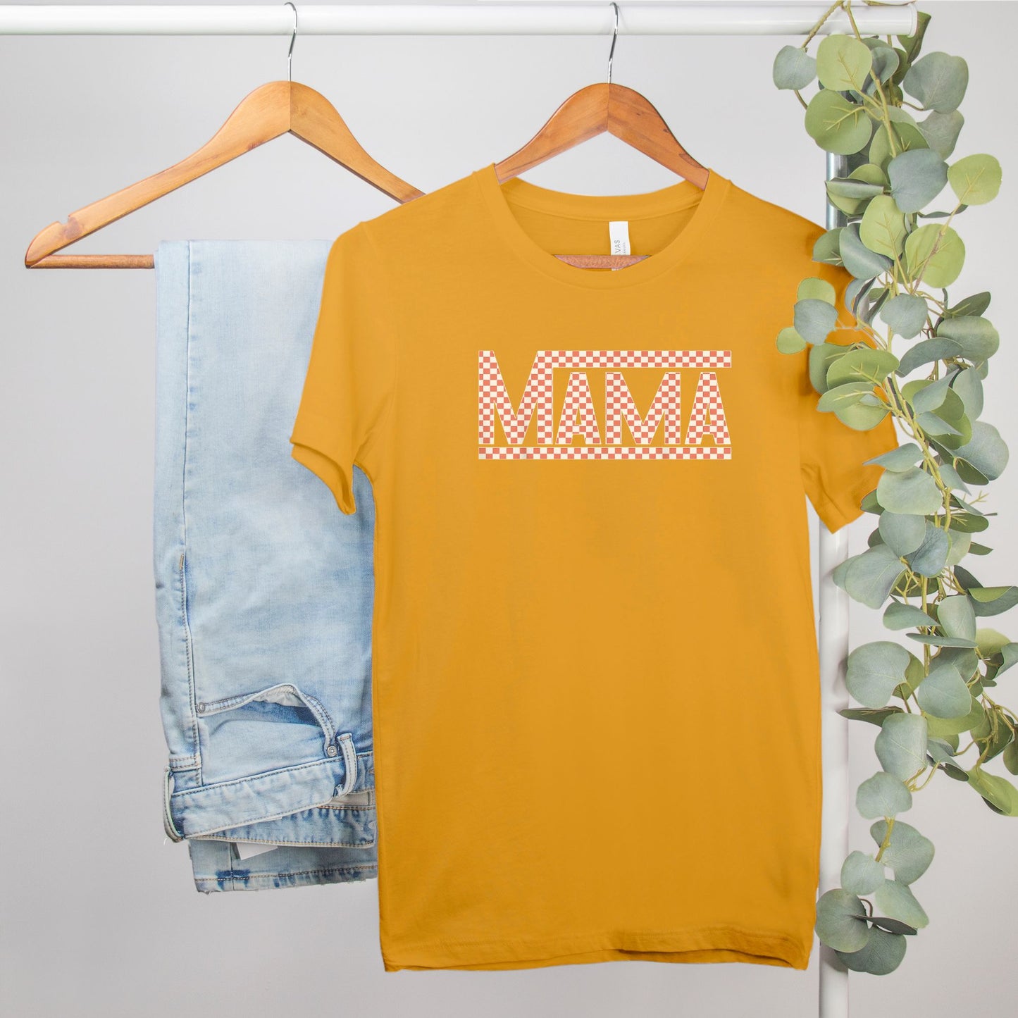 Coral Checkered Mama •PLUS SIZE• Bella Canvas Tee