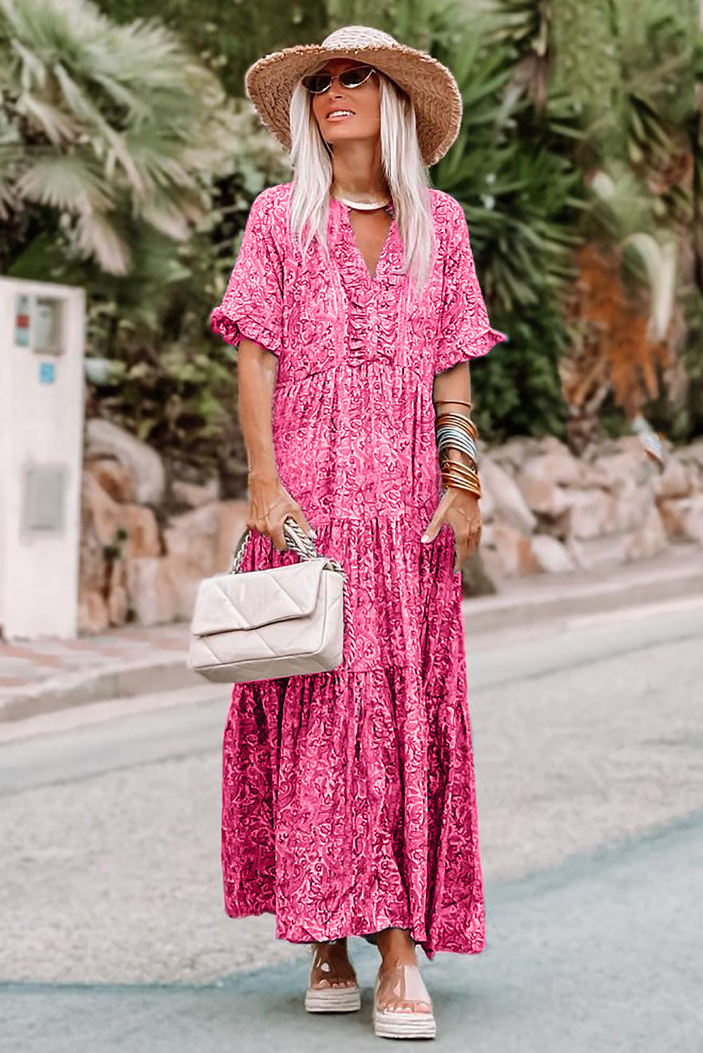 Sky Blue Paisley Print Boho Holiday Ruffle Tiered Maxi Dress