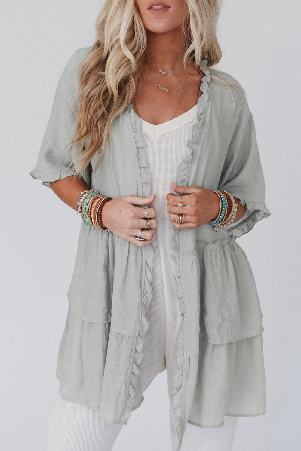 Green Ruffled Trim Half Sleeve Open Front Kimono