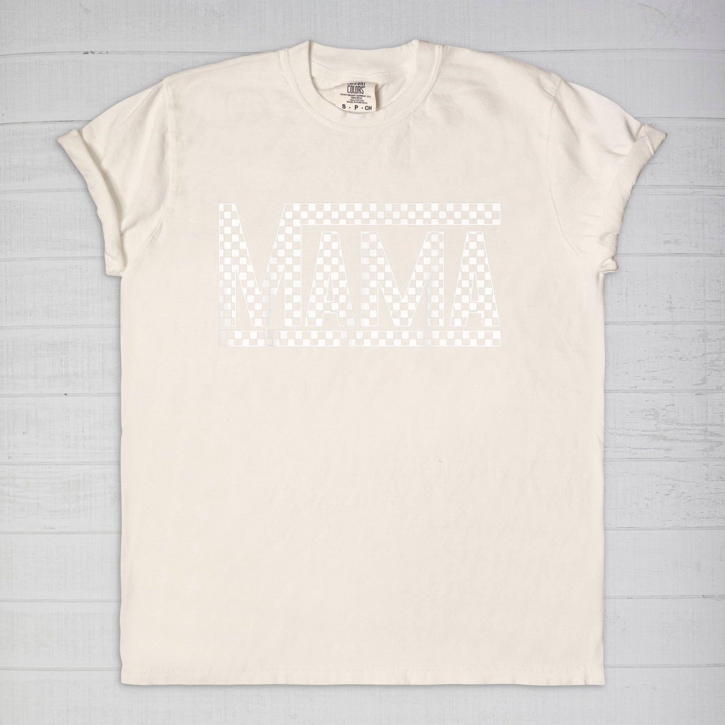 White Checkered Mama Comfort Color Tee