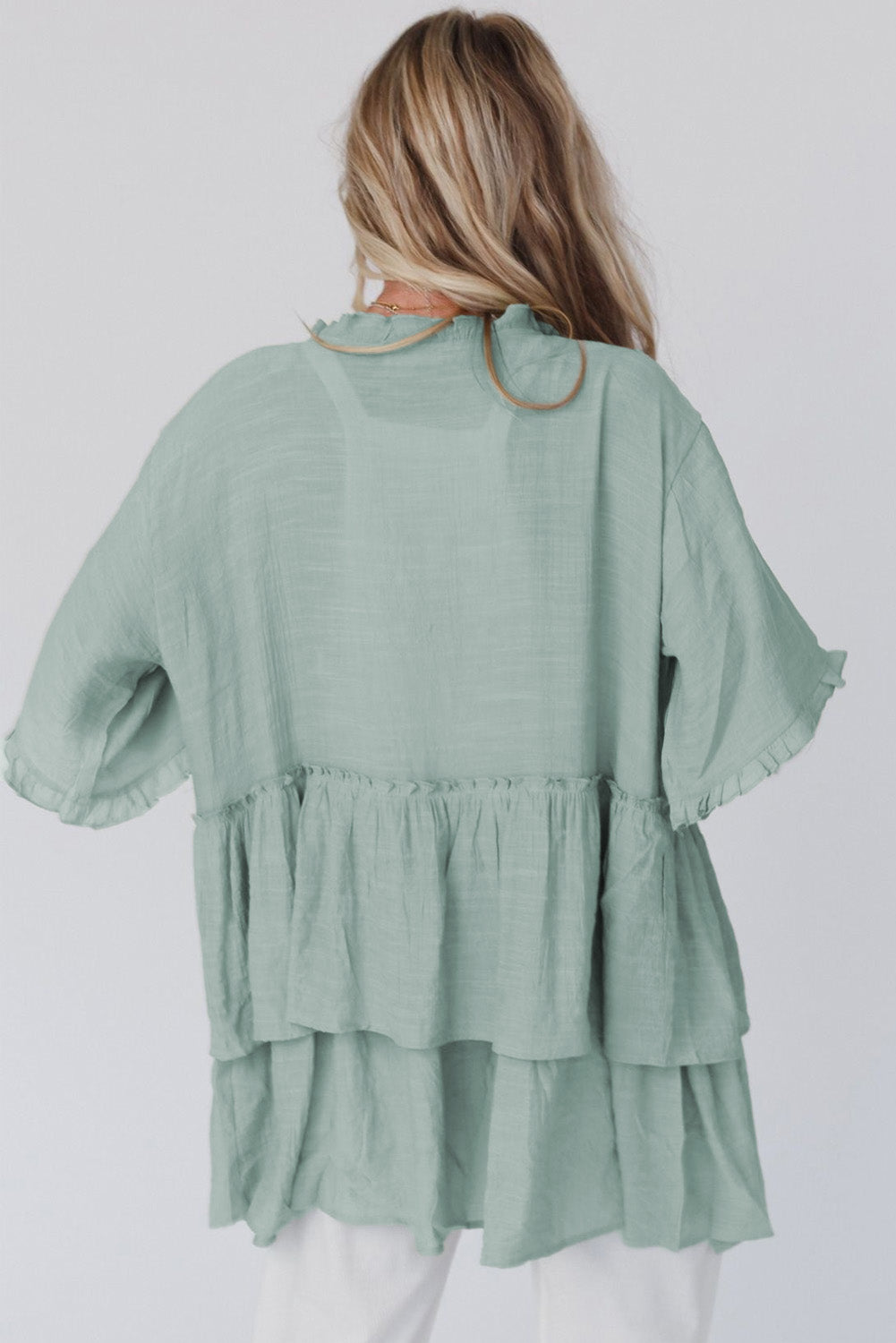 Green Ruffled Trim Half Sleeve Open Front Kimono