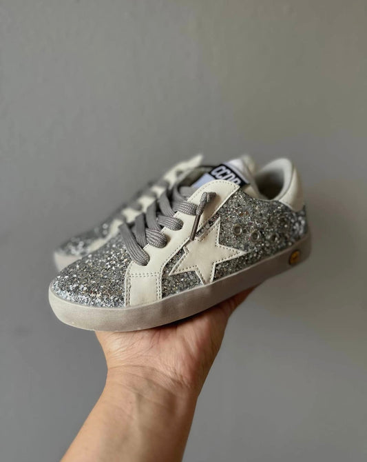 Girls Silver Glitter White Star Sneakers