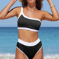 Contrast Trim Ribbed One-Shoulder Bikini Set