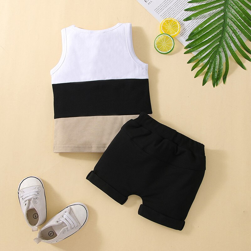 Summer Baby Boys 2PCS Casual Suits Sleeveless Patchwork Crew Tank Tops + Drawstring Shorts Toddler Boys Casual Sport Outfits