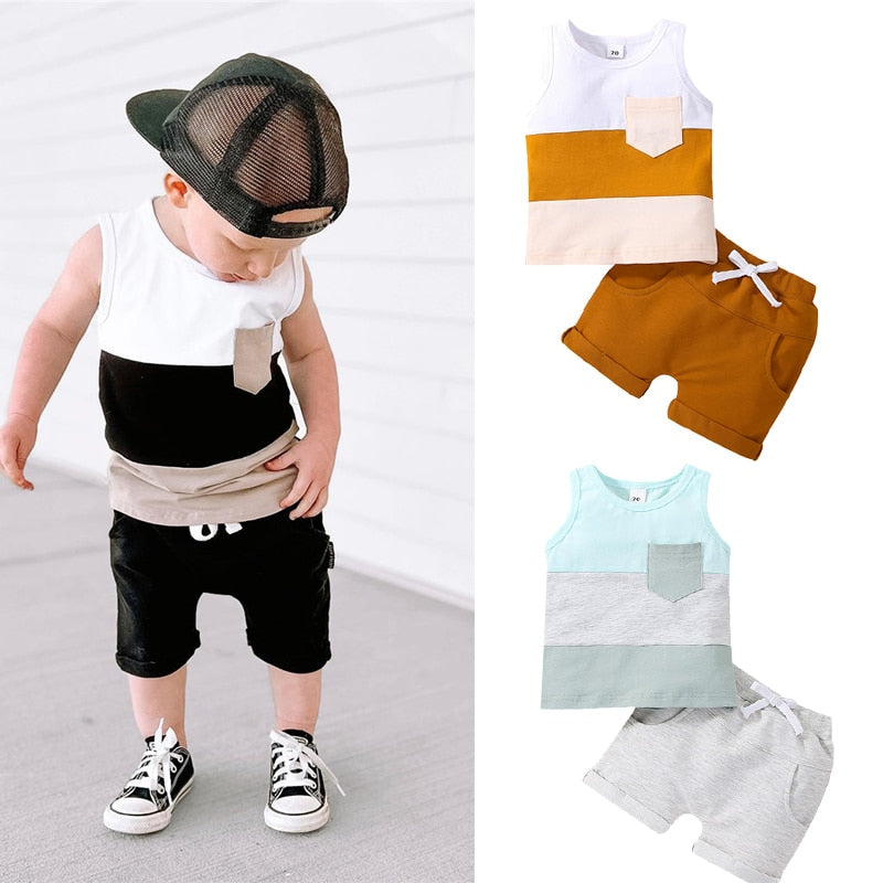 Summer Baby Boys 2PCS Casual Suits Sleeveless Patchwork Crew Tank Tops + Drawstring Shorts Toddler Boys Casual Sport Outfits
