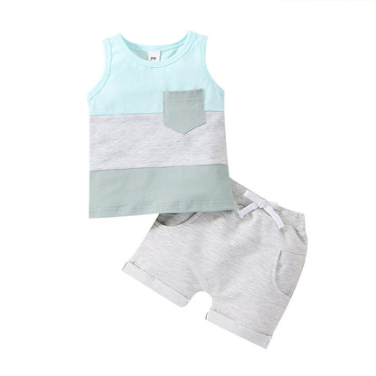 Summer Baby Boys 2PCS Casual Suits Sleeveless Patchwork Crew Tank Tops + Drawstring Shorts Toddler Boys Casual Sport Outfits