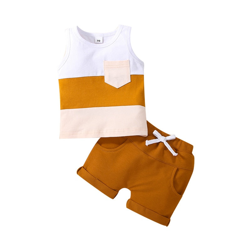 Summer Baby Boys 2PCS Casual Suits Sleeveless Patchwork Crew Tank Tops + Drawstring Shorts Toddler Boys Casual Sport Outfits