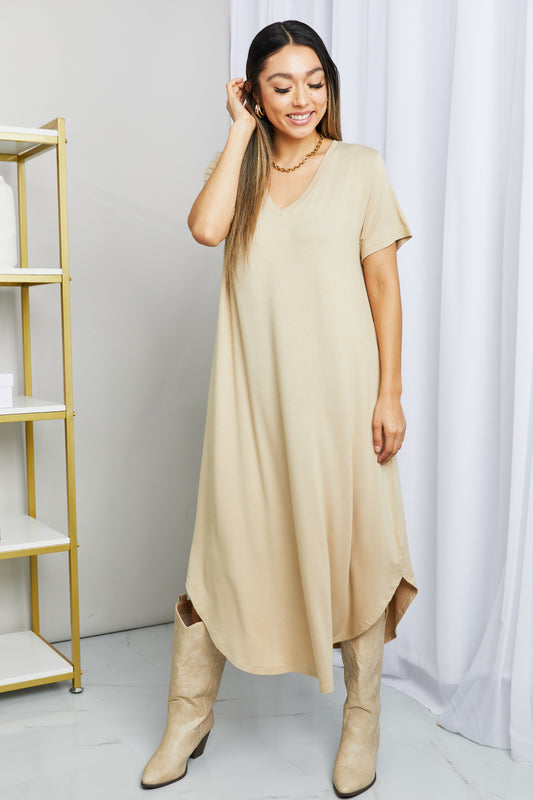 HYFVE V-Neck Short Sleeve Curved Hem Dress in Caffe Latte